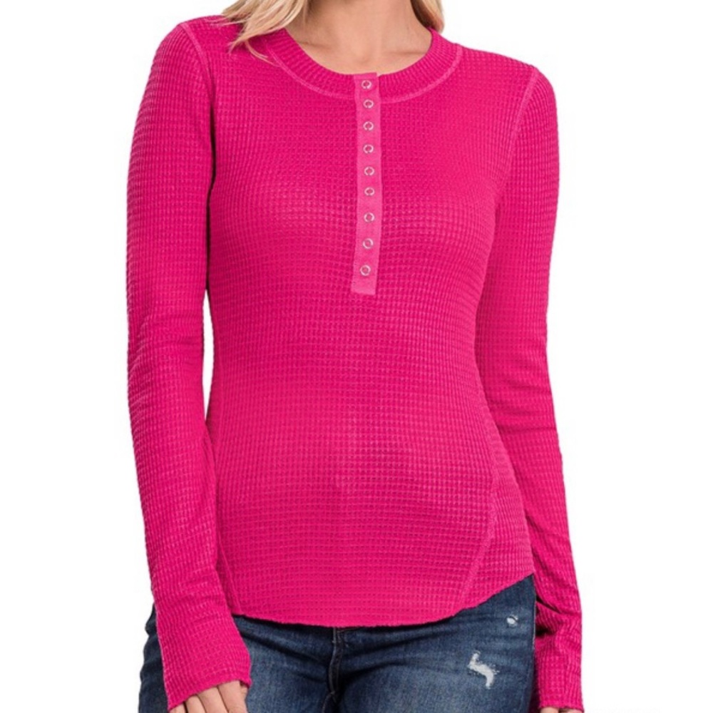 Barbiecore Waffle Knit Thermal Henley Top
